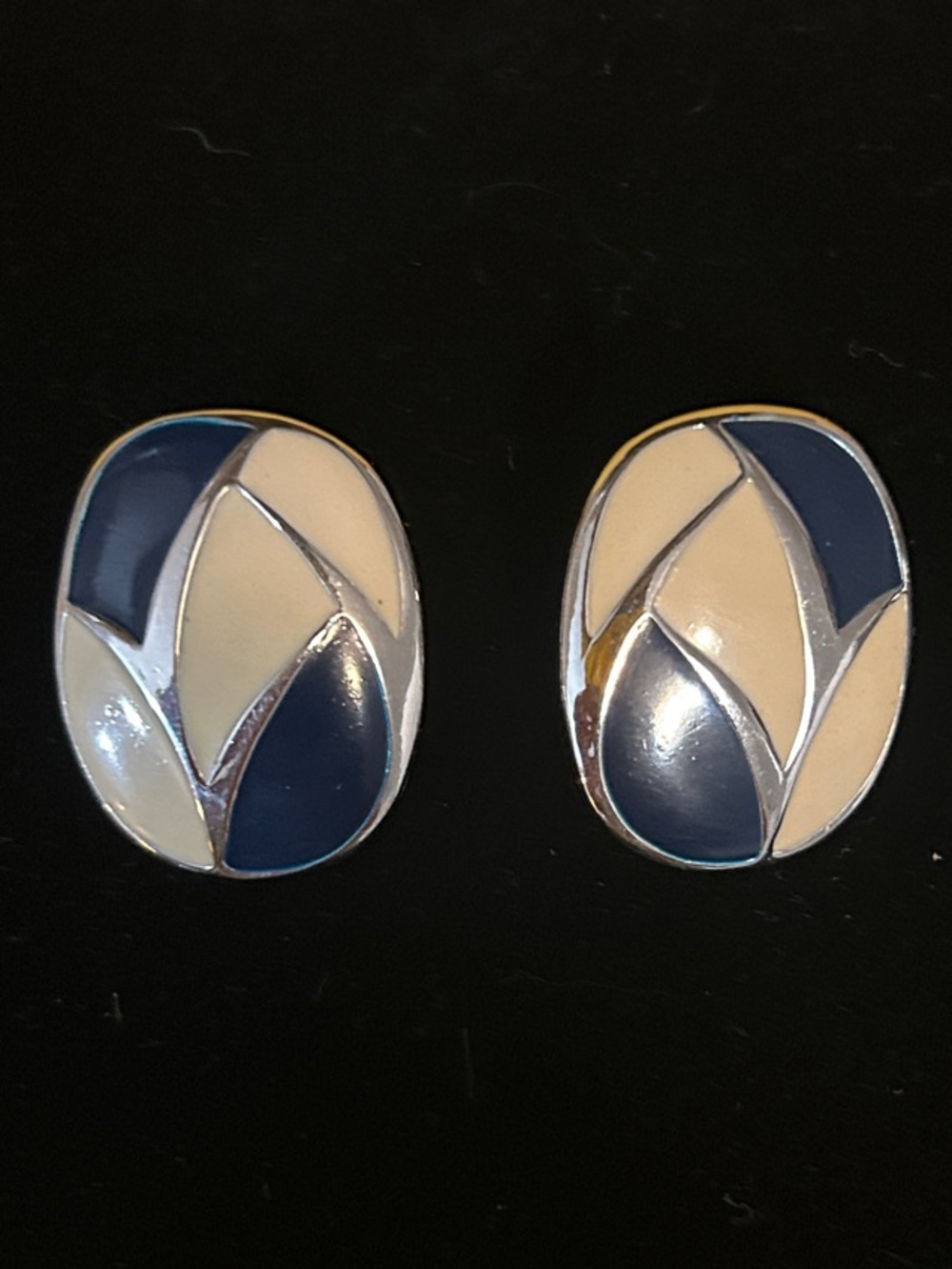 Navy and Cream Enamel Oval Stud Earrings